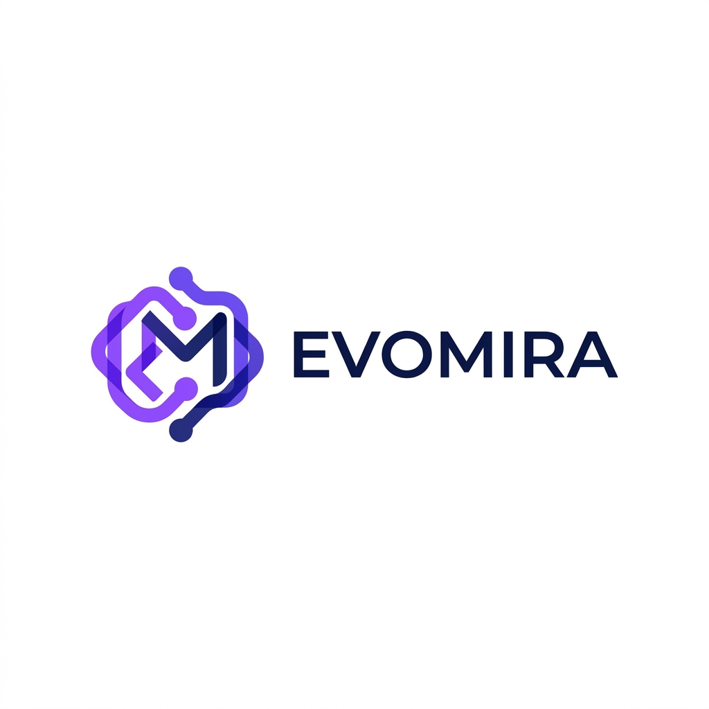 AI Design for A modern and sophisticated logo design for Evomira, an event management software platform. The aesthetic is clean and minimalist, utilizing a vibrant color palette of electric violet and deep navy to convey innovation and seamless coordination. Focus on geometric abstraction or stylized iconography that represents connectivity and event flow, presented against a crisp white background with professional-grade vector clarity.