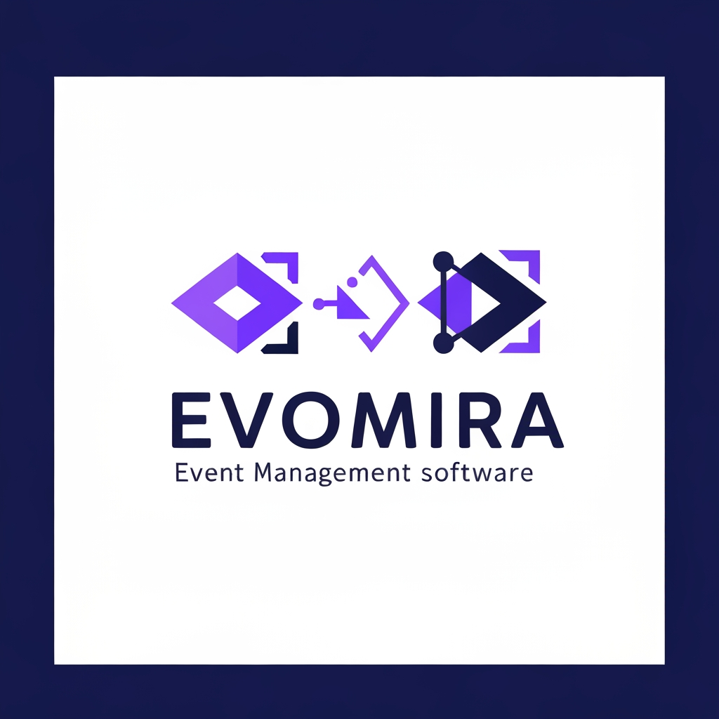 AI Design for A modern and sophisticated logo design for Evomira, an event management software platform. The aesthetic is clean and minimalist, utilizing a vibrant color palette of electric violet and deep navy to convey innovation and seamless coordination. Focus on geometric abstraction or stylized iconography that represents connectivity and event flow, presented against a crisp white background with professional-grade vector clarity.