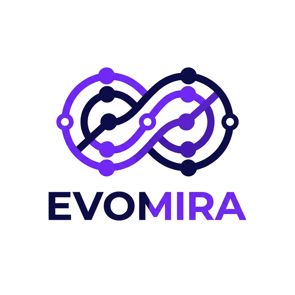 AI Design for A modern and sophisticated logo design for Evomira, an event management software platform. The aesthetic is clean and minimalist, utilizing a vibrant color palette of electric violet and deep navy to convey innovation and seamless coordination. Focus on geometric abstraction or stylized iconography that represents connectivity and event flow, presented against a crisp white background with professional-grade vector clarity.