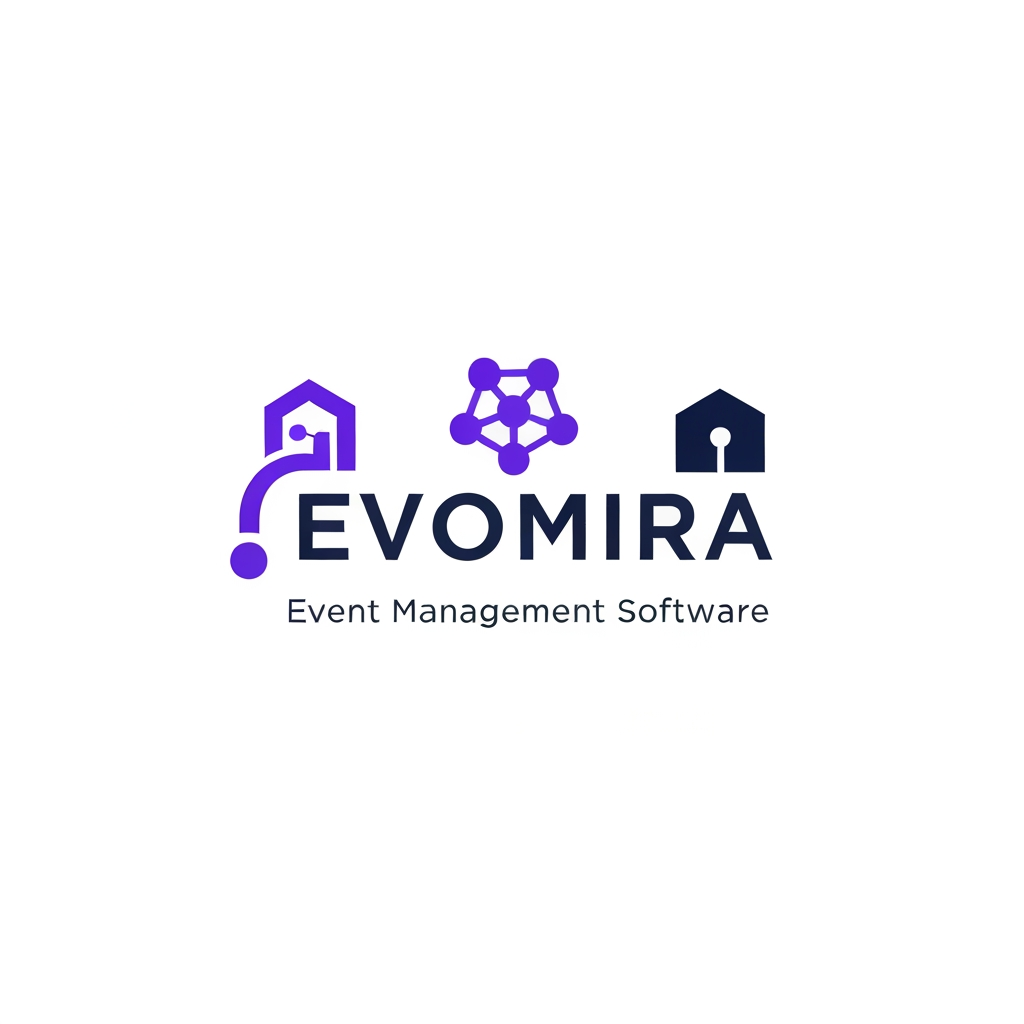 AI Design for A modern and sophisticated logo design for Evomira, an event management software platform. The aesthetic is clean and minimalist, utilizing a vibrant color palette of electric violet and deep navy to convey innovation and seamless coordination. Focus on geometric abstraction or stylized iconography that represents connectivity and event flow, presented against a crisp white background with professional-grade vector clarity.