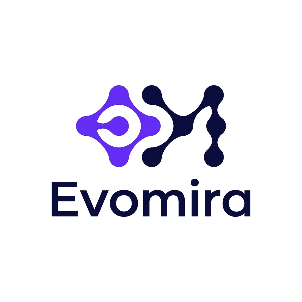 AI Design for A modern and sophisticated logo design for Evomira, an event management software platform. The aesthetic is clean and minimalist, utilizing a vibrant color palette of electric violet and deep navy to convey innovation and seamless coordination. Focus on geometric abstraction or stylized iconography that represents connectivity and event flow, presented against a crisp white background with professional-grade vector clarity.