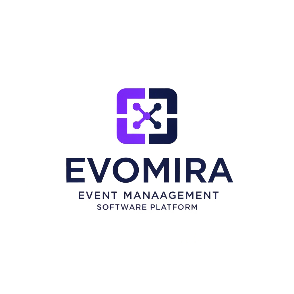 AI Design for A modern and sophisticated logo design for Evomira, an event management software platform. The aesthetic is clean and minimalist, utilizing a vibrant color palette of electric violet and deep navy to convey innovation and seamless coordination. Focus on geometric abstraction or stylized iconography that represents connectivity and event flow, presented against a crisp white background with professional-grade vector clarity.