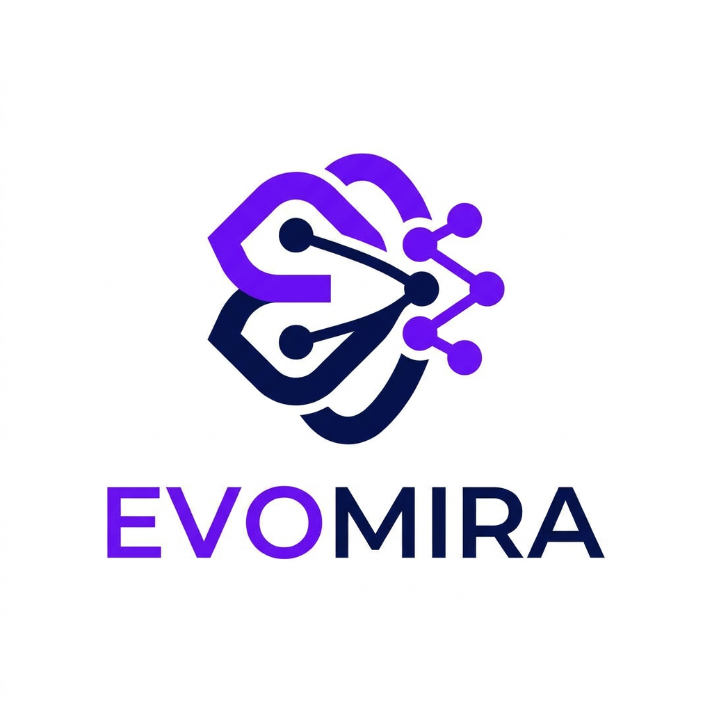 AI Design for A modern and sophisticated logo design for Evomira, an event management software platform. The aesthetic is clean and minimalist, utilizing a vibrant color palette of electric violet and deep navy to convey innovation and seamless coordination. Focus on geometric abstraction or stylized iconography that represents connectivity and event flow, presented against a crisp white background with professional-grade vector clarity.