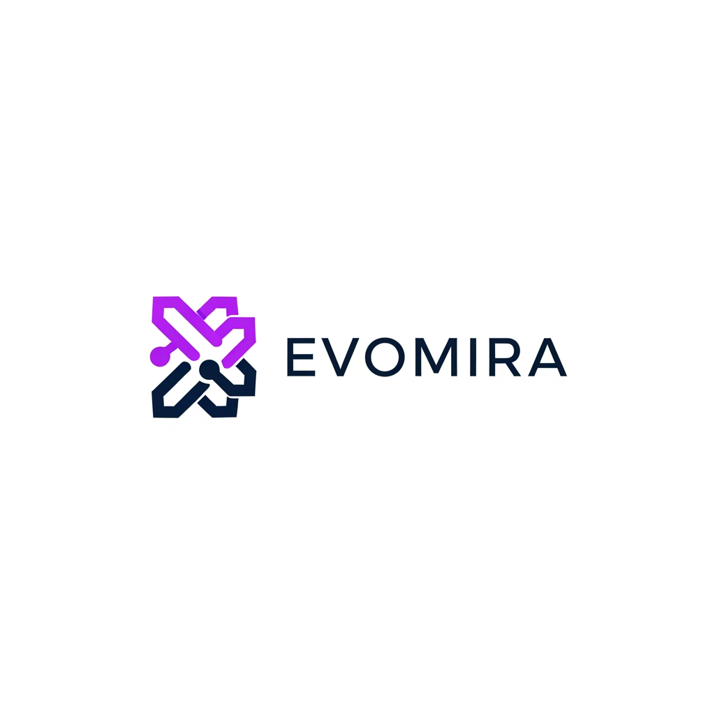 AI Design for A modern and sophisticated logo design for Evomira, an event management software platform. The aesthetic is clean and minimalist, utilizing a vibrant color palette of electric violet and deep navy to convey innovation and seamless coordination. Focus on geometric abstraction or stylized iconography that represents connectivity and event flow, presented against a crisp white background with professional-grade vector clarity.