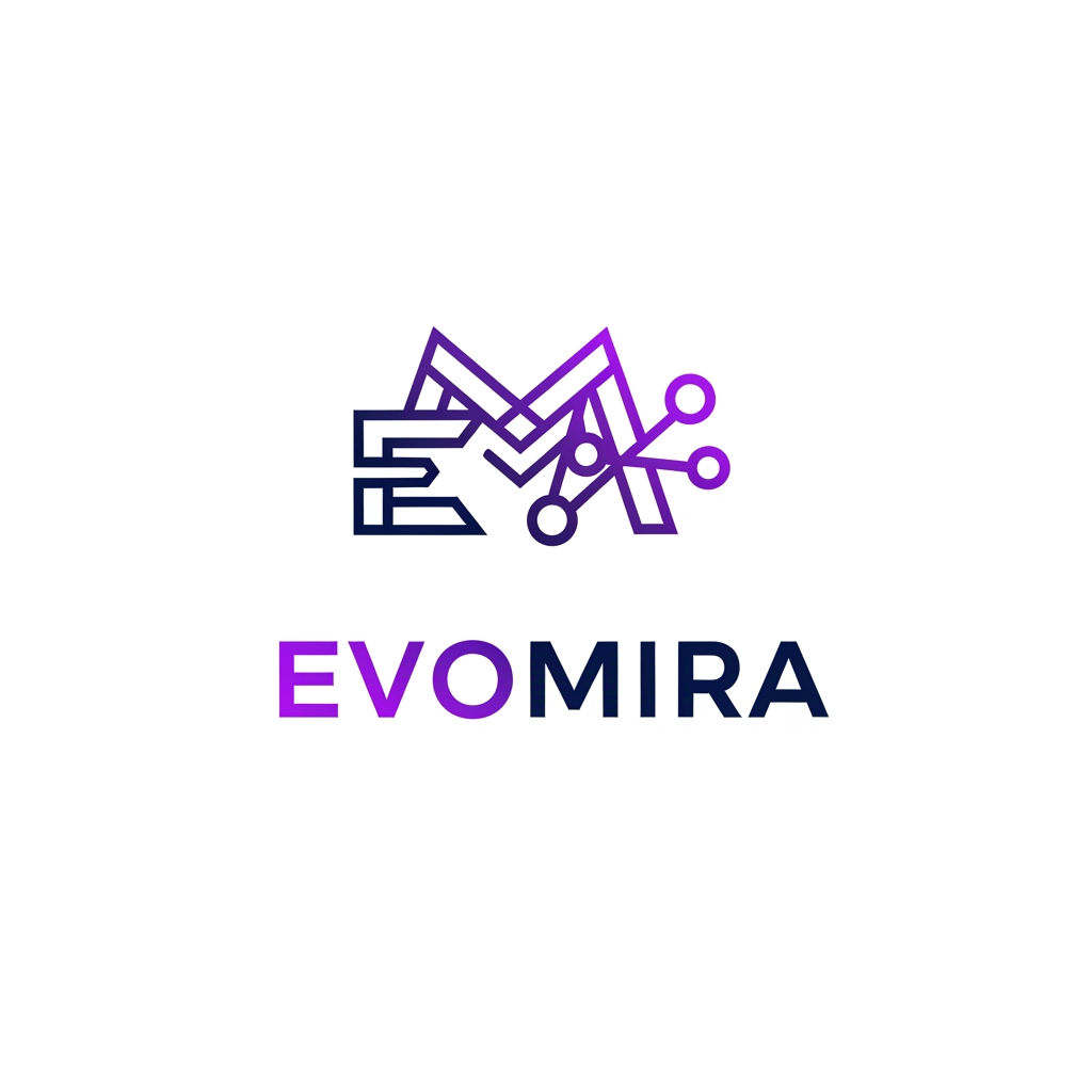 AI Design for A modern and sophisticated logo design for Evomira, an event management software platform. The aesthetic is clean and minimalist, utilizing a vibrant color palette of electric violet and deep navy to convey innovation and seamless coordination. Focus on geometric abstraction or stylized iconography that represents connectivity and event flow, presented against a crisp white background with professional-grade vector clarity.