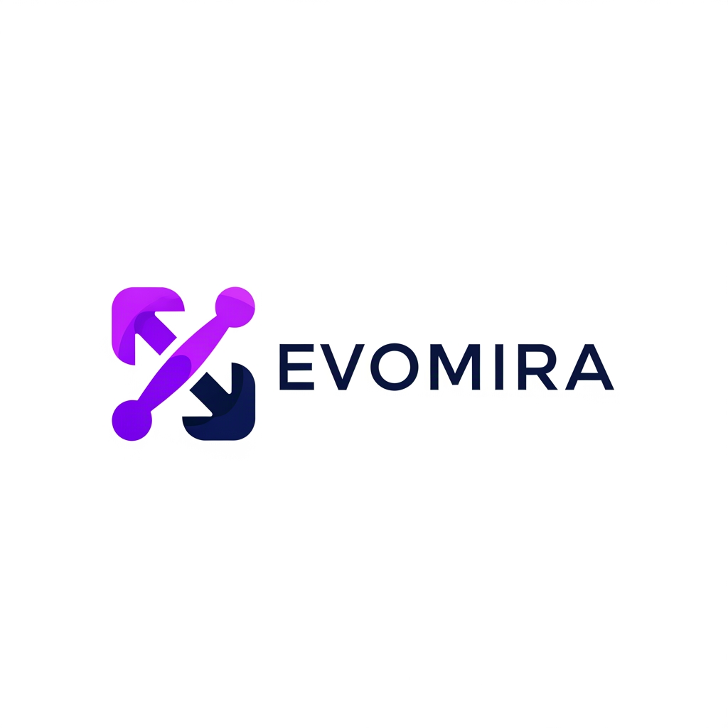 AI Design for A modern and sophisticated logo design for Evomira, an event management software platform. The aesthetic is clean and minimalist, utilizing a vibrant color palette of electric violet and deep navy to convey innovation and seamless coordination. Focus on geometric abstraction or stylized iconography that represents connectivity and event flow, presented against a crisp white background with professional-grade vector clarity.