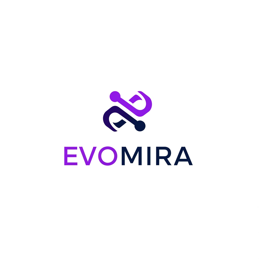AI Design for A modern and sophisticated logo design for Evomira, an event management software platform. The aesthetic is clean and minimalist, utilizing a vibrant color palette of electric violet and deep navy to convey innovation and seamless coordination. Focus on geometric abstraction or stylized iconography that represents connectivity and event flow, presented against a crisp white background with professional-grade vector clarity.