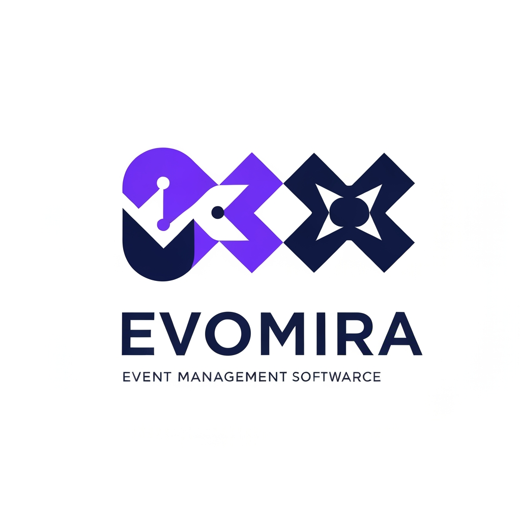 AI Design for A modern and sophisticated logo design for Evomira, an event management software platform. The aesthetic is clean and minimalist, utilizing a vibrant color palette of electric violet and deep navy to convey innovation and seamless coordination. Focus on geometric abstraction or stylized iconography that represents connectivity and event flow, presented against a crisp white background with professional-grade vector clarity.