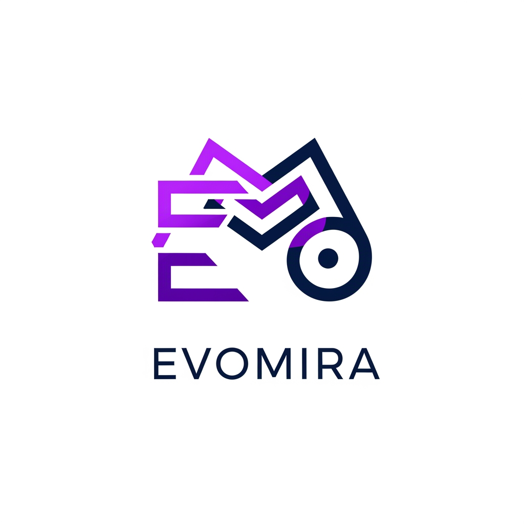 AI Design for A modern and sophisticated logo design for Evomira, an event management software platform. The aesthetic is clean and minimalist, utilizing a vibrant color palette of electric violet and deep navy to convey innovation and seamless coordination. Focus on geometric abstraction or stylized iconography that represents connectivity and event flow, presented against a crisp white background with professional-grade vector clarity.