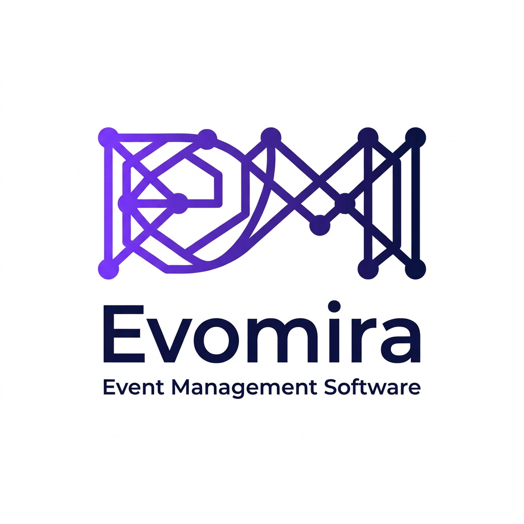 AI Design for A modern and sophisticated logo design for Evomira, an event management software platform. The aesthetic is clean and minimalist, utilizing a vibrant color palette of electric violet and deep navy to convey innovation and seamless coordination. Focus on geometric abstraction or stylized iconography that represents connectivity and event flow, presented against a crisp white background with professional-grade vector clarity.