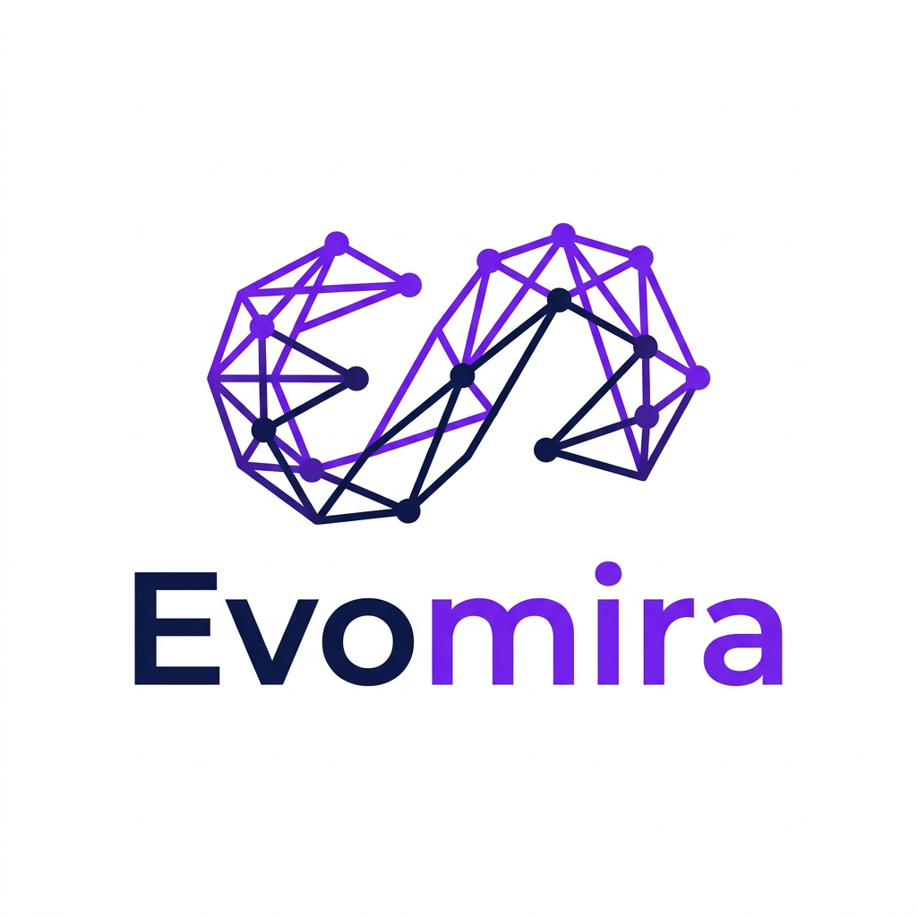 AI Design for A modern and sophisticated logo design for Evomira, an event management software platform. The aesthetic is clean and minimalist, utilizing a vibrant color palette of electric violet and deep navy to convey innovation and seamless coordination. Focus on geometric abstraction or stylized iconography that represents connectivity and event flow, presented against a crisp white background with professional-grade vector clarity.