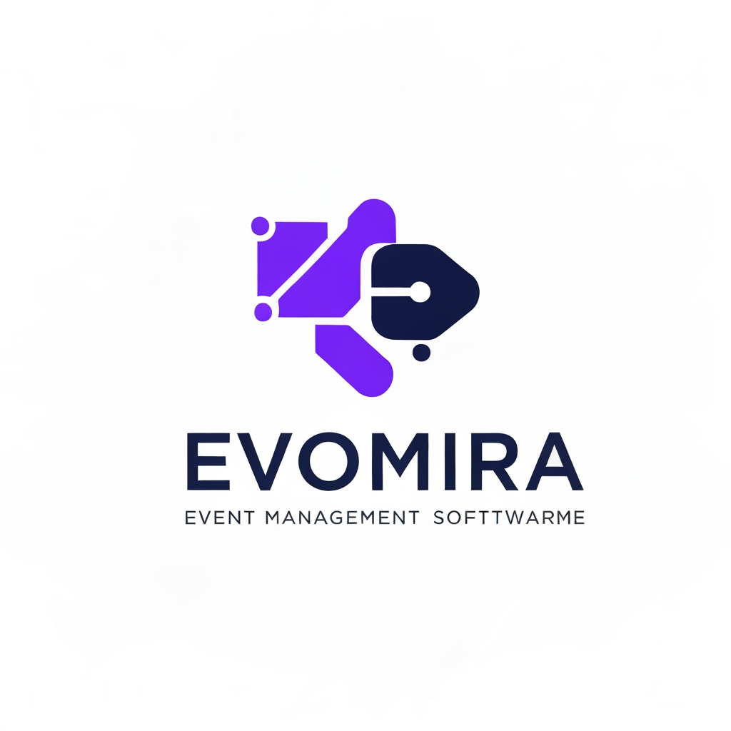 AI Design for A modern and sophisticated logo design for Evomira, an event management software platform. The aesthetic is clean and minimalist, utilizing a vibrant color palette of electric violet and deep navy to convey innovation and seamless coordination. Focus on geometric abstraction or stylized iconography that represents connectivity and event flow, presented against a crisp white background with professional-grade vector clarity.