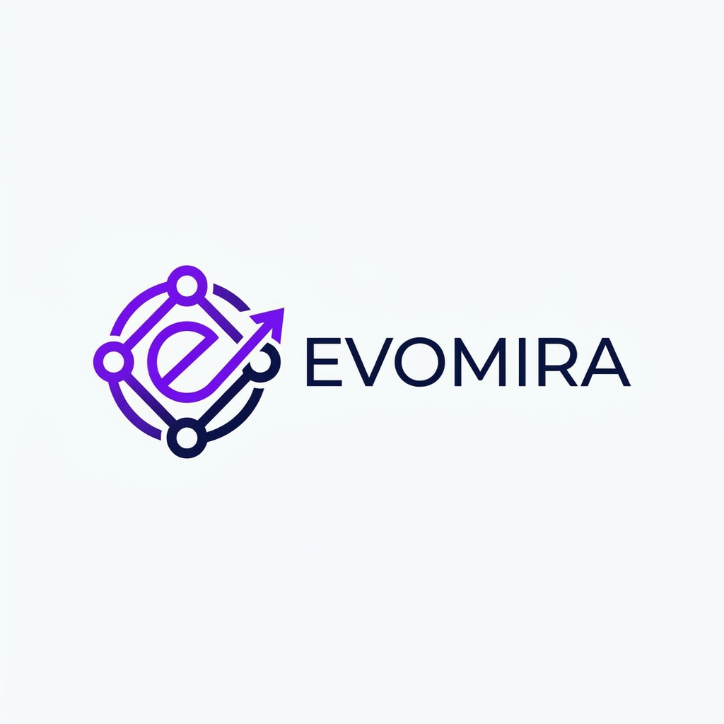 AI Design for A modern and sophisticated logo design for Evomira, an event management software platform. The aesthetic is clean and minimalist, utilizing a vibrant color palette of electric violet and deep navy to convey innovation and seamless coordination. Focus on geometric abstraction or stylized iconography that represents connectivity and event flow, presented against a crisp white background with professional-grade vector clarity.