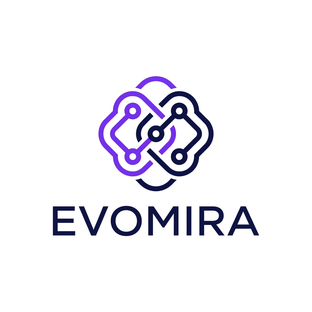 AI Design for A modern and sophisticated logo design for Evomira, an event management software platform. The aesthetic is clean and minimalist, utilizing a vibrant color palette of electric violet and deep navy to convey innovation and seamless coordination. Focus on geometric abstraction or stylized iconography that represents connectivity and event flow, presented against a crisp white background with professional-grade vector clarity.