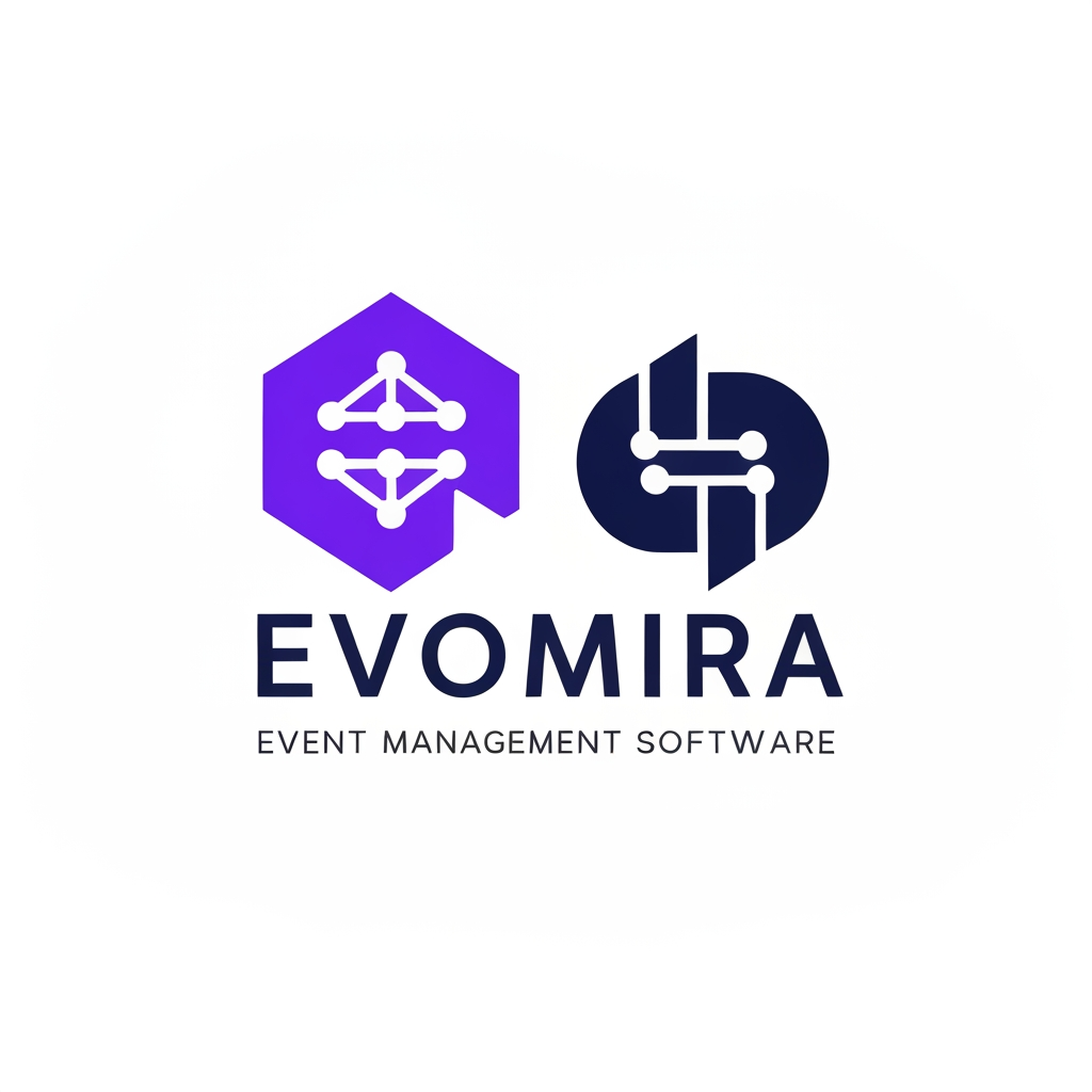 AI Design for A modern and sophisticated logo design for Evomira, an event management software platform. The aesthetic is clean and minimalist, utilizing a vibrant color palette of electric violet and deep navy to convey innovation and seamless coordination. Focus on geometric abstraction or stylized iconography that represents connectivity and event flow, presented against a crisp white background with professional-grade vector clarity.