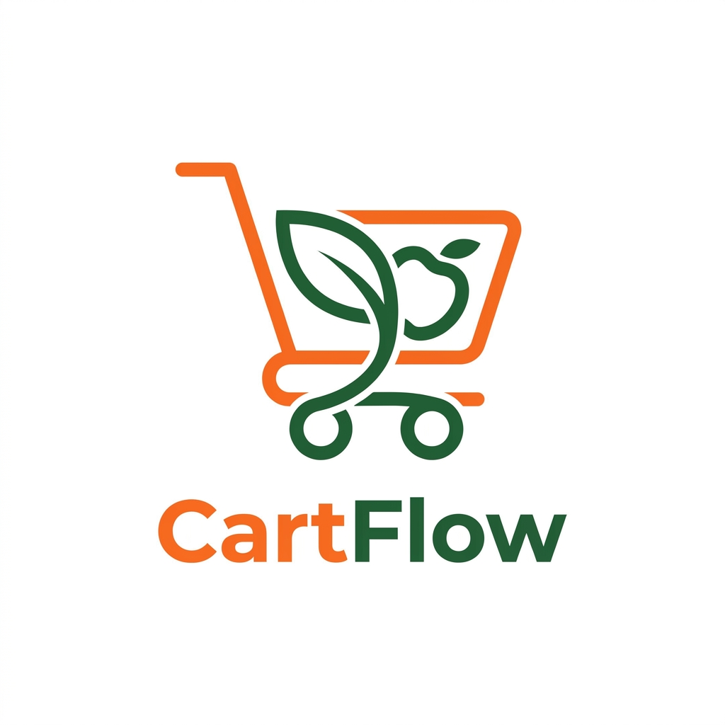 AI Design for A professional and trendy minimalist logo for an online grocery delivery service named CartFlow. The design should feature clean lines and a modern aesthetic, incorporating a stylized shopping cart integrated with a subtle organic leaf or fruit shape to represent freshness. Use a vibrant color palette of energetic orange and deep forest green against a clean white background, rendered in a high-end vector graphic style.