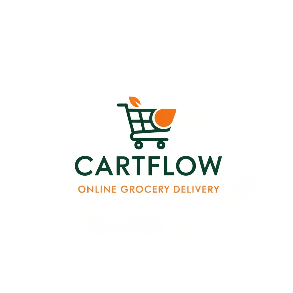 AI Design for A professional and trendy minimalist logo for an online grocery delivery service named CartFlow. The design should feature clean lines and a modern aesthetic, incorporating a stylized shopping cart integrated with a subtle organic leaf or fruit shape to represent freshness. Use a vibrant color palette of energetic orange and deep forest green against a clean white background, rendered in a high-end vector graphic style.
