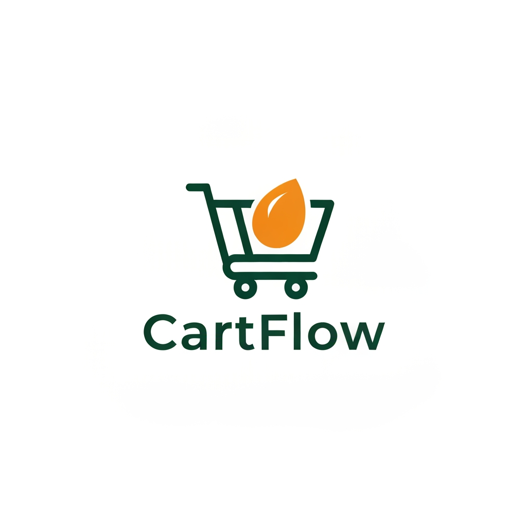 AI Design for A professional and trendy minimalist logo for an online grocery delivery service named CartFlow. The design should feature clean lines and a modern aesthetic, incorporating a stylized shopping cart integrated with a subtle organic leaf or fruit shape to represent freshness. Use a vibrant color palette of energetic orange and deep forest green against a clean white background, rendered in a high-end vector graphic style.