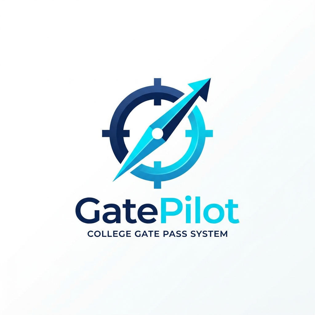 AI Design for A professional, minimalist logo design for a college gate pass system software called GatePilot. The design should feature a clean, geometric icon merging a stylized gate arch with a digital navigation or pilot symbol, using a sophisticated color palette of navy blue and electric cyan. The aesthetic should be modern, high-tech, and trustworthy, presented on a clean white background with subtle vector-style shading.