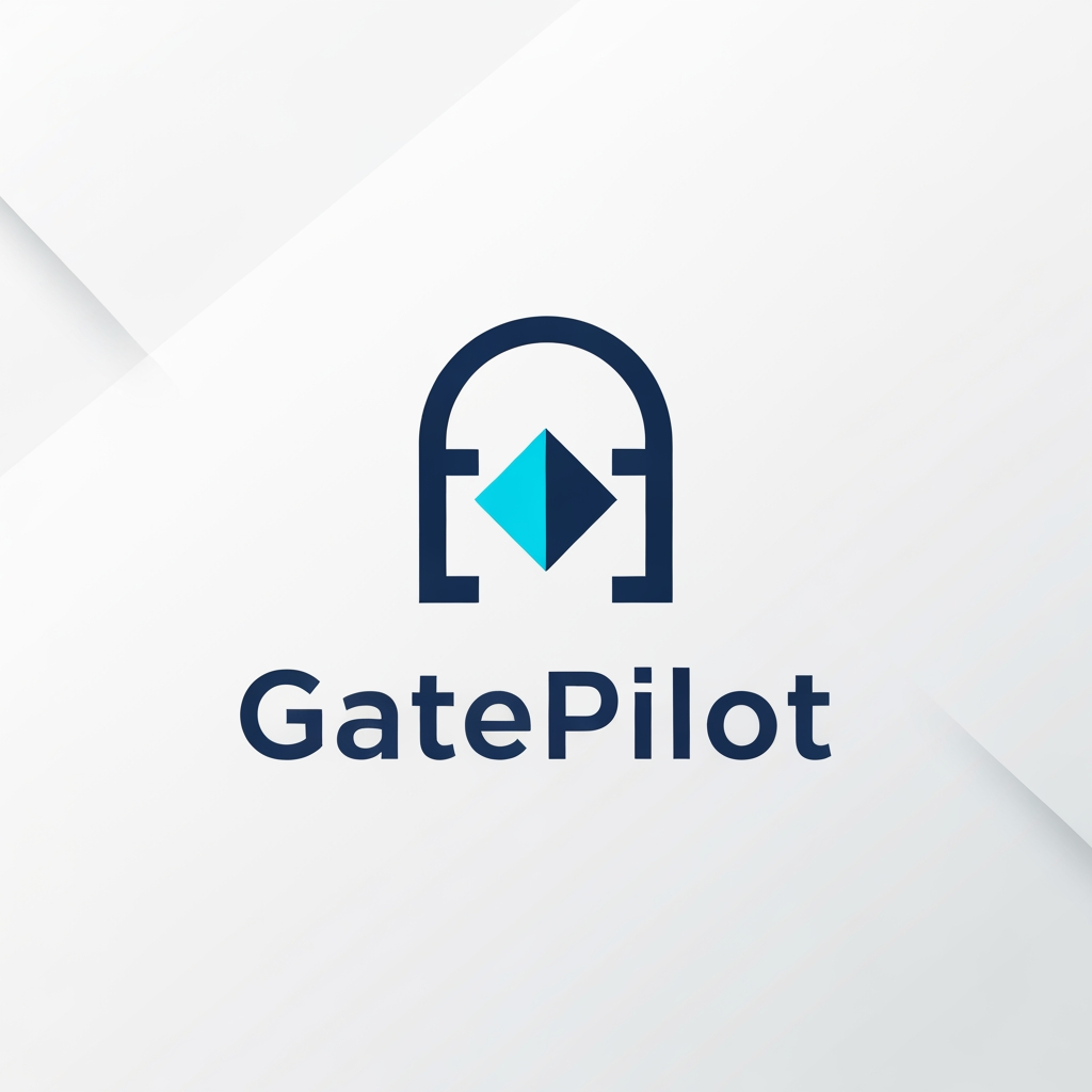 AI Design for A professional, minimalist logo design for a college gate pass system software called GatePilot. The design should feature a clean, geometric icon merging a stylized gate arch with a digital navigation or pilot symbol, using a sophisticated color palette of navy blue and electric cyan. The aesthetic should be modern, high-tech, and trustworthy, presented on a clean white background with subtle vector-style shading.