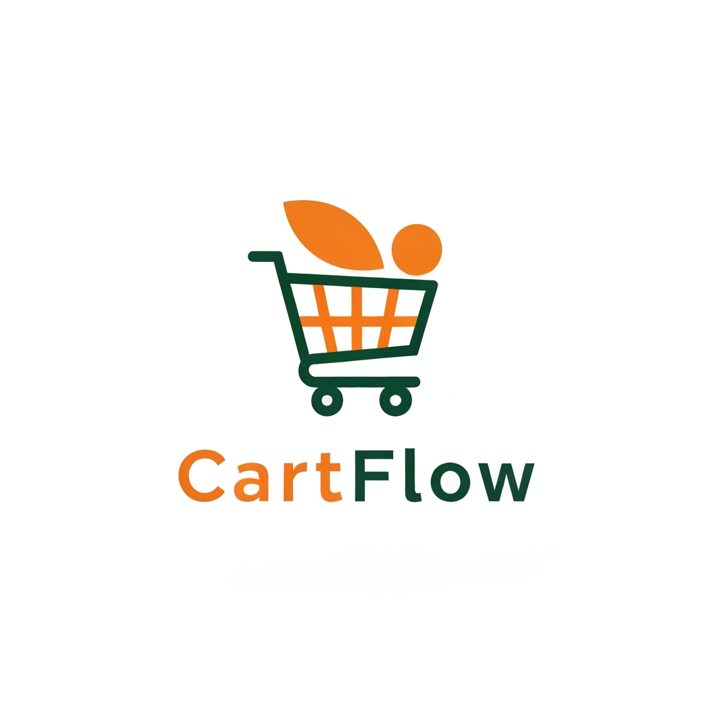 AI Design for A professional and trendy minimalist logo for an online grocery delivery service named CartFlow. The design should feature clean lines and a modern aesthetic, incorporating a stylized shopping cart integrated with a subtle organic leaf or fruit shape to represent freshness. Use a vibrant color palette of energetic orange and deep forest green against a clean white background, rendered in a high-end vector graphic style.