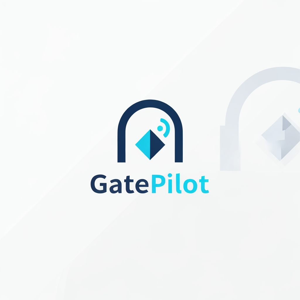 AI Design for A professional, minimalist logo design for a college gate pass system software called GatePilot. The design should feature a clean, geometric icon merging a stylized gate arch with a digital navigation or pilot symbol, using a sophisticated color palette of navy blue and electric cyan. The aesthetic should be modern, high-tech, and trustworthy, presented on a clean white background with subtle vector-style shading.