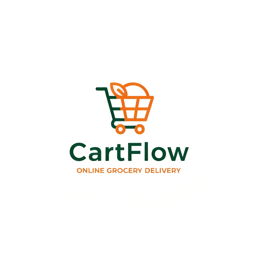AI Design for A professional and trendy minimalist logo for an online grocery delivery service named CartFlow. The design should feature clean lines and a modern aesthetic, incorporating a stylized shopping cart integrated with a subtle organic leaf or fruit shape to represent freshness. Use a vibrant color palette of energetic orange and deep forest green against a clean white background, rendered in a high-end vector graphic style.
