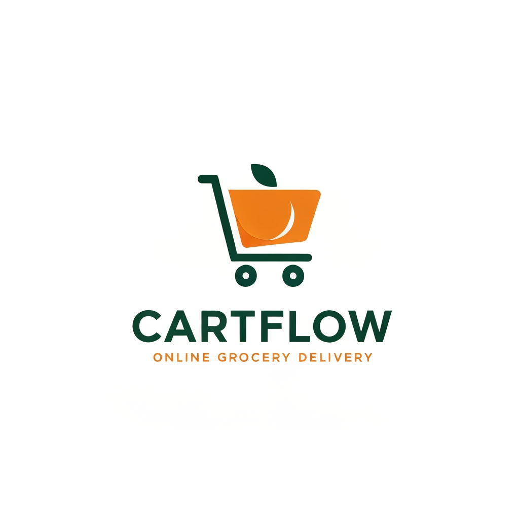 AI Design for A professional and trendy minimalist logo for an online grocery delivery service named CartFlow. The design should feature clean lines and a modern aesthetic, incorporating a stylized shopping cart integrated with a subtle organic leaf or fruit shape to represent freshness. Use a vibrant color palette of energetic orange and deep forest green against a clean white background, rendered in a high-end vector graphic style.