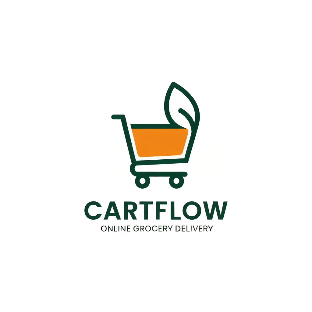 AI Design for A professional and trendy minimalist logo for an online grocery delivery service named CartFlow. The design should feature clean lines and a modern aesthetic, incorporating a stylized shopping cart integrated with a subtle organic leaf or fruit shape to represent freshness. Use a vibrant color palette of energetic orange and deep forest green against a clean white background, rendered in a high-end vector graphic style.
