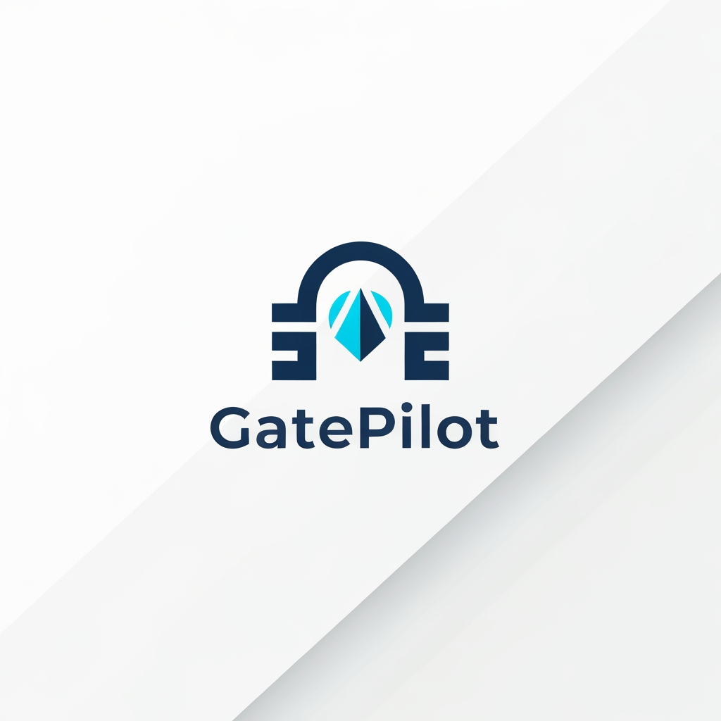 AI Design for A professional, minimalist logo design for a college gate pass system software called GatePilot. The design should feature a clean, geometric icon merging a stylized gate arch with a digital navigation or pilot symbol, using a sophisticated color palette of navy blue and electric cyan. The aesthetic should be modern, high-tech, and trustworthy, presented on a clean white background with subtle vector-style shading.