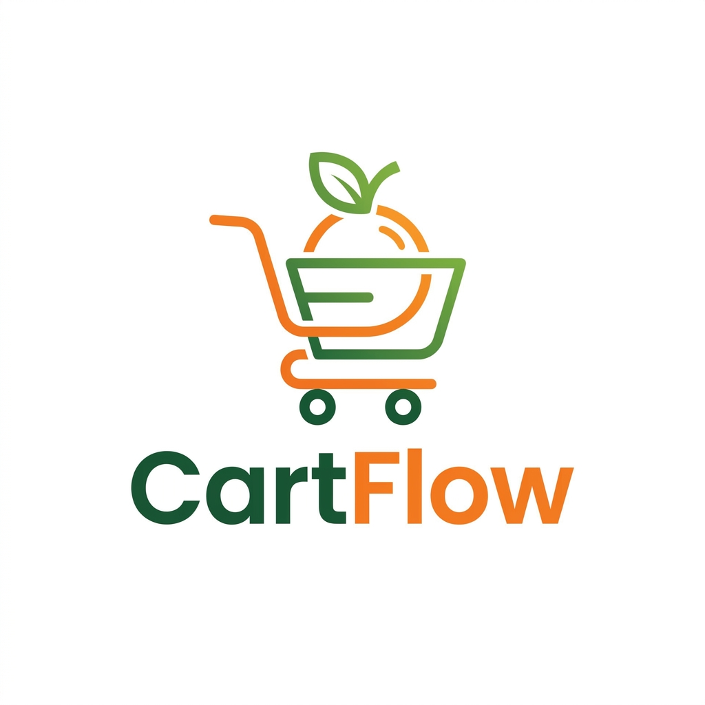 AI Design for A professional and trendy minimalist logo for an online grocery delivery service named CartFlow. The design should feature clean lines and a modern aesthetic, incorporating a stylized shopping cart integrated with a subtle organic leaf or fruit shape to represent freshness. Use a vibrant color palette of energetic orange and deep forest green against a clean white background, rendered in a high-end vector graphic style.