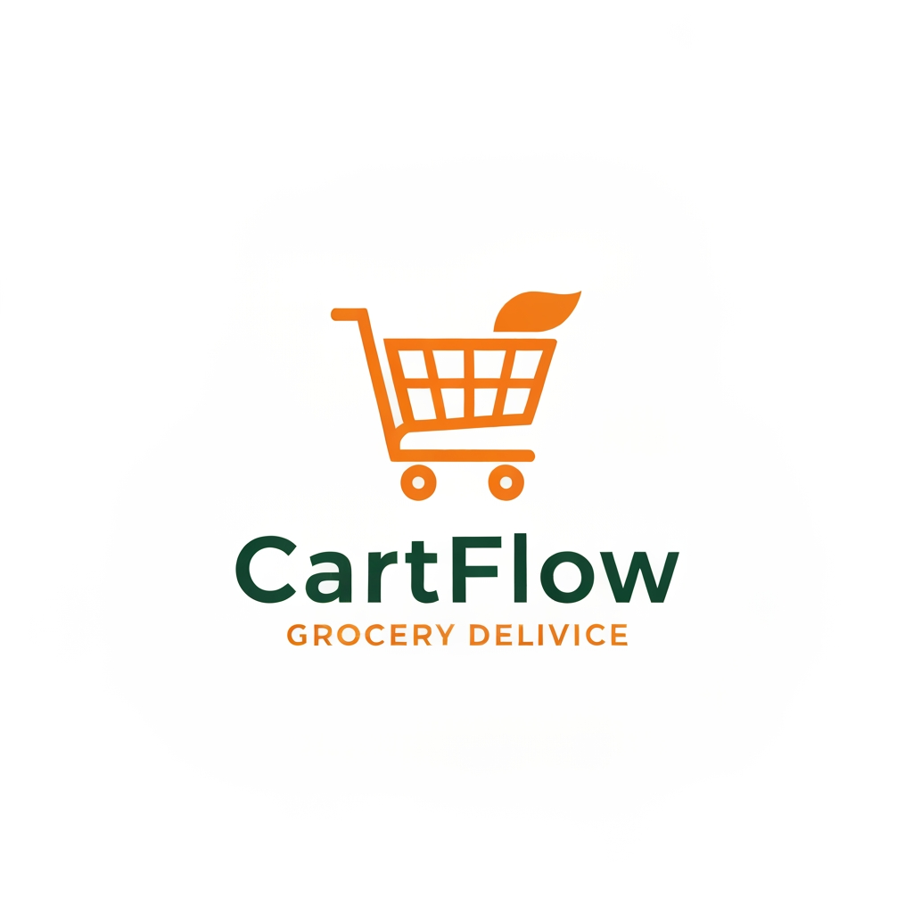 AI Design for A professional and trendy minimalist logo for an online grocery delivery service named CartFlow. The design should feature clean lines and a modern aesthetic, incorporating a stylized shopping cart integrated with a subtle organic leaf or fruit shape to represent freshness. Use a vibrant color palette of energetic orange and deep forest green against a clean white background, rendered in a high-end vector graphic style.