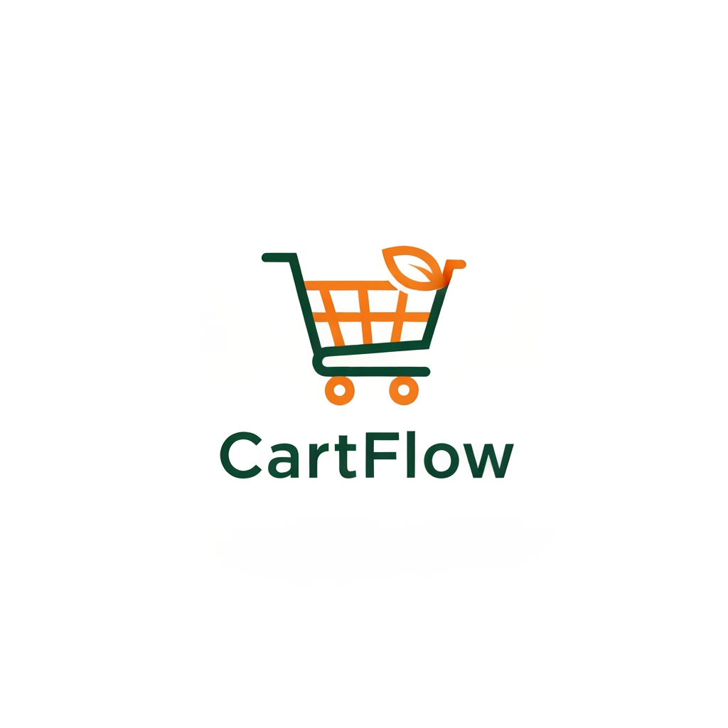 AI Design for A professional and trendy minimalist logo for an online grocery delivery service named CartFlow. The design should feature clean lines and a modern aesthetic, incorporating a stylized shopping cart integrated with a subtle organic leaf or fruit shape to represent freshness. Use a vibrant color palette of energetic orange and deep forest green against a clean white background, rendered in a high-end vector graphic style.