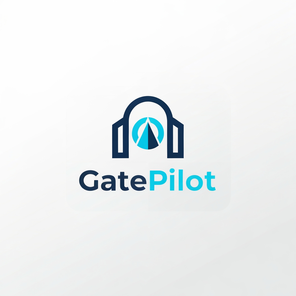 AI Design for A professional, minimalist logo design for a college gate pass system software called GatePilot. The design should feature a clean, geometric icon merging a stylized gate arch with a digital navigation or pilot symbol, using a sophisticated color palette of navy blue and electric cyan. The aesthetic should be modern, high-tech, and trustworthy, presented on a clean white background with subtle vector-style shading.