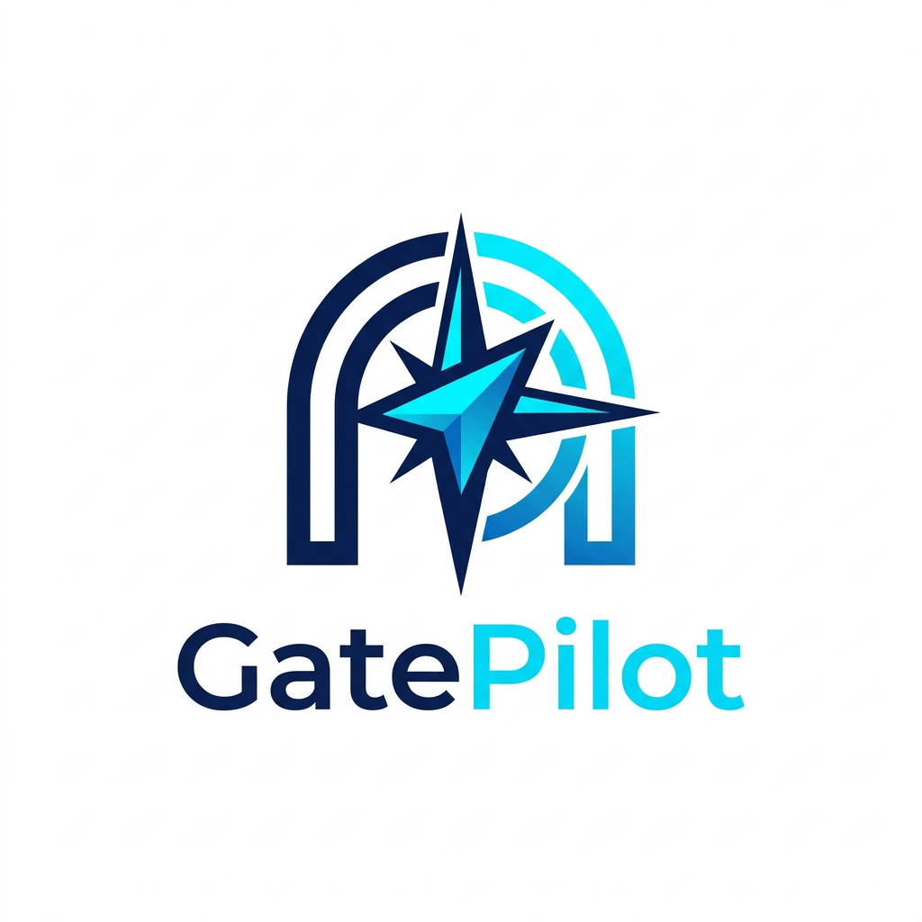 AI Design for A professional, minimalist logo design for a college gate pass system software called GatePilot. The design should feature a clean, geometric icon merging a stylized gate arch with a digital navigation or pilot symbol, using a sophisticated color palette of navy blue and electric cyan. The aesthetic should be modern, high-tech, and trustworthy, presented on a clean white background with subtle vector-style shading.