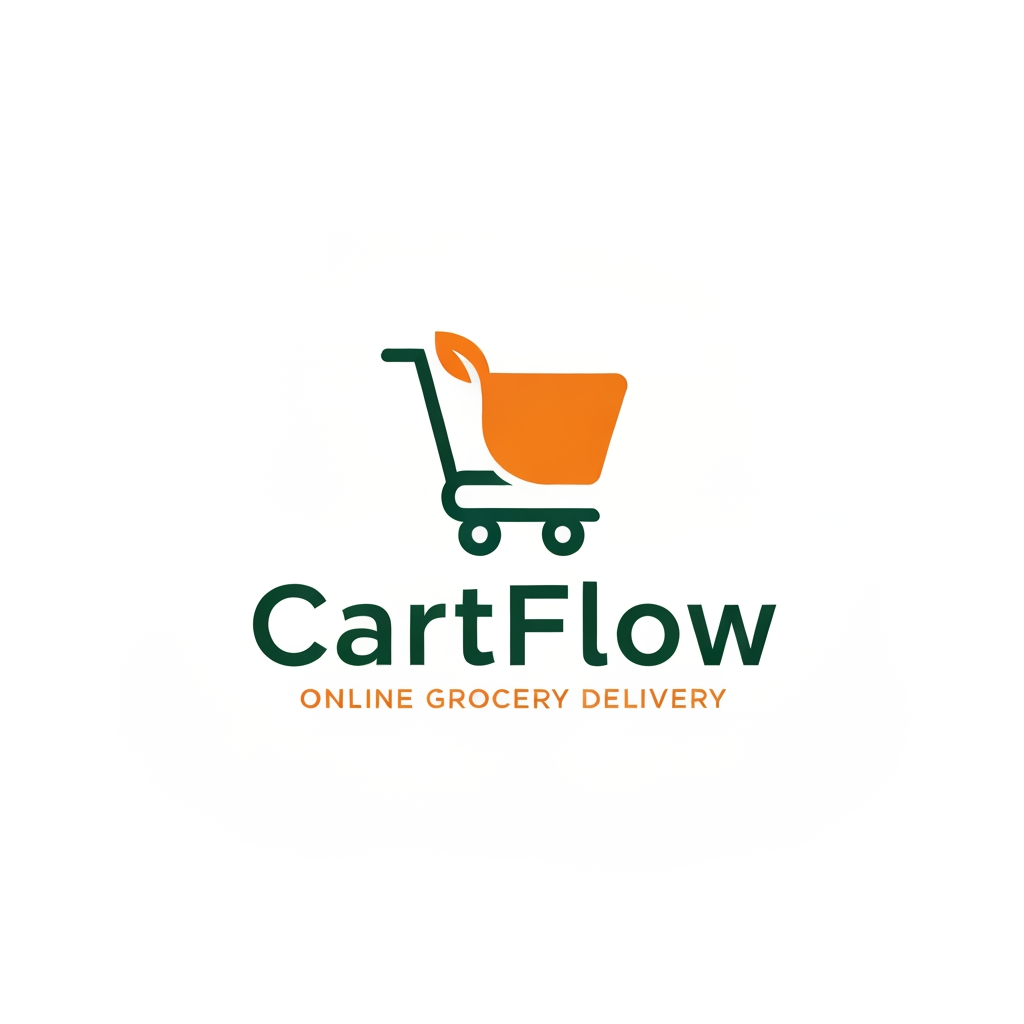 AI Design for A professional and trendy minimalist logo for an online grocery delivery service named CartFlow. The design should feature clean lines and a modern aesthetic, incorporating a stylized shopping cart integrated with a subtle organic leaf or fruit shape to represent freshness. Use a vibrant color palette of energetic orange and deep forest green against a clean white background, rendered in a high-end vector graphic style.