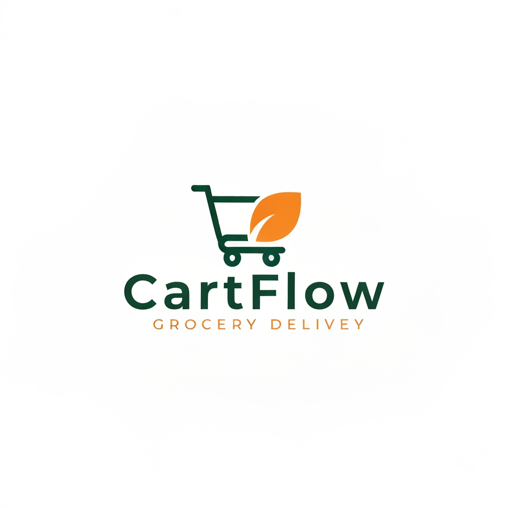 AI Design for A professional and trendy minimalist logo for an online grocery delivery service named CartFlow. The design should feature clean lines and a modern aesthetic, incorporating a stylized shopping cart integrated with a subtle organic leaf or fruit shape to represent freshness. Use a vibrant color palette of energetic orange and deep forest green against a clean white background, rendered in a high-end vector graphic style.