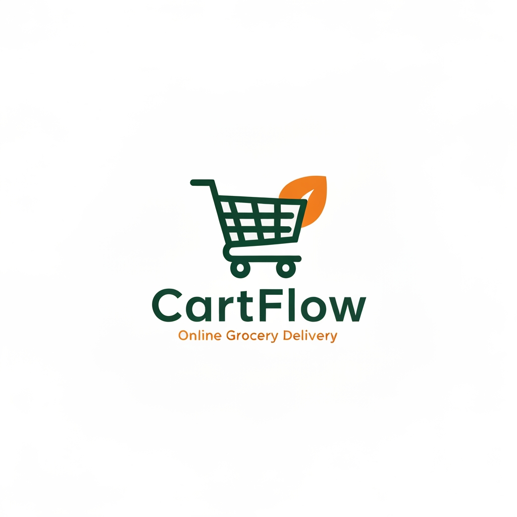 AI Design for A professional and trendy minimalist logo for an online grocery delivery service named CartFlow. The design should feature clean lines and a modern aesthetic, incorporating a stylized shopping cart integrated with a subtle organic leaf or fruit shape to represent freshness. Use a vibrant color palette of energetic orange and deep forest green against a clean white background, rendered in a high-end vector graphic style.