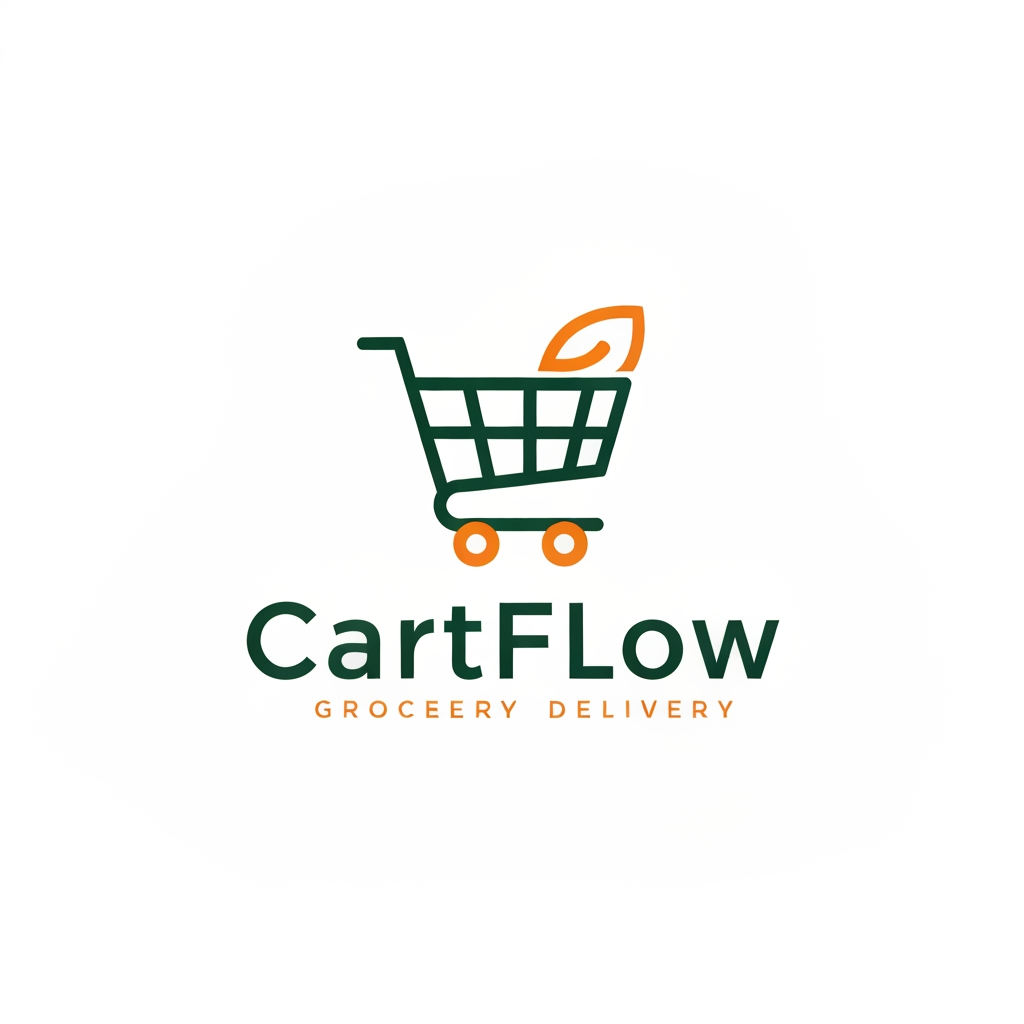 AI Design for A professional and trendy minimalist logo for an online grocery delivery service named CartFlow. The design should feature clean lines and a modern aesthetic, incorporating a stylized shopping cart integrated with a subtle organic leaf or fruit shape to represent freshness. Use a vibrant color palette of energetic orange and deep forest green against a clean white background, rendered in a high-end vector graphic style.