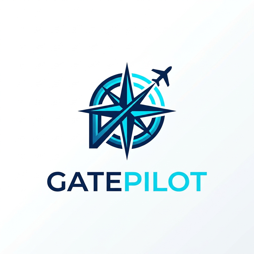 AI Design for A professional, minimalist logo design for a college gate pass system software called GatePilot. The design should feature a clean, geometric icon merging a stylized gate arch with a digital navigation or pilot symbol, using a sophisticated color palette of navy blue and electric cyan. The aesthetic should be modern, high-tech, and trustworthy, presented on a clean white background with subtle vector-style shading.