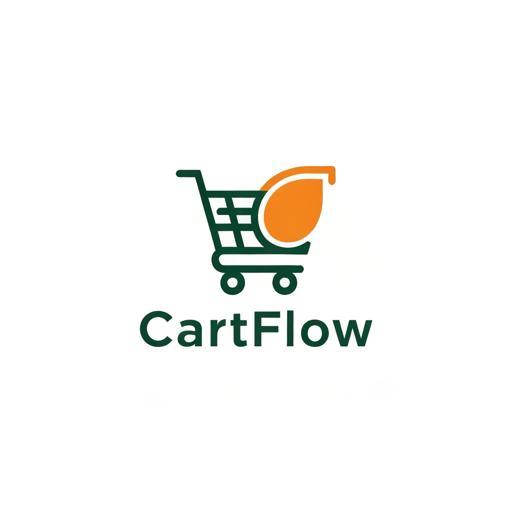 AI Design for A professional and trendy minimalist logo for an online grocery delivery service named CartFlow. The design should feature clean lines and a modern aesthetic, incorporating a stylized shopping cart integrated with a subtle organic leaf or fruit shape to represent freshness. Use a vibrant color palette of energetic orange and deep forest green against a clean white background, rendered in a high-end vector graphic style.