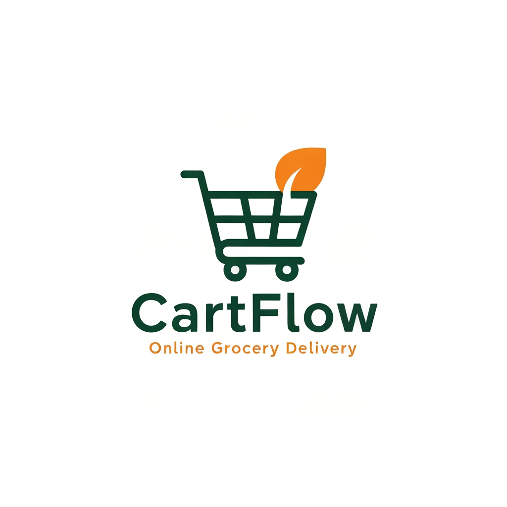 AI Design for A professional and trendy minimalist logo for an online grocery delivery service named CartFlow. The design should feature clean lines and a modern aesthetic, incorporating a stylized shopping cart integrated with a subtle organic leaf or fruit shape to represent freshness. Use a vibrant color palette of energetic orange and deep forest green against a clean white background, rendered in a high-end vector graphic style.