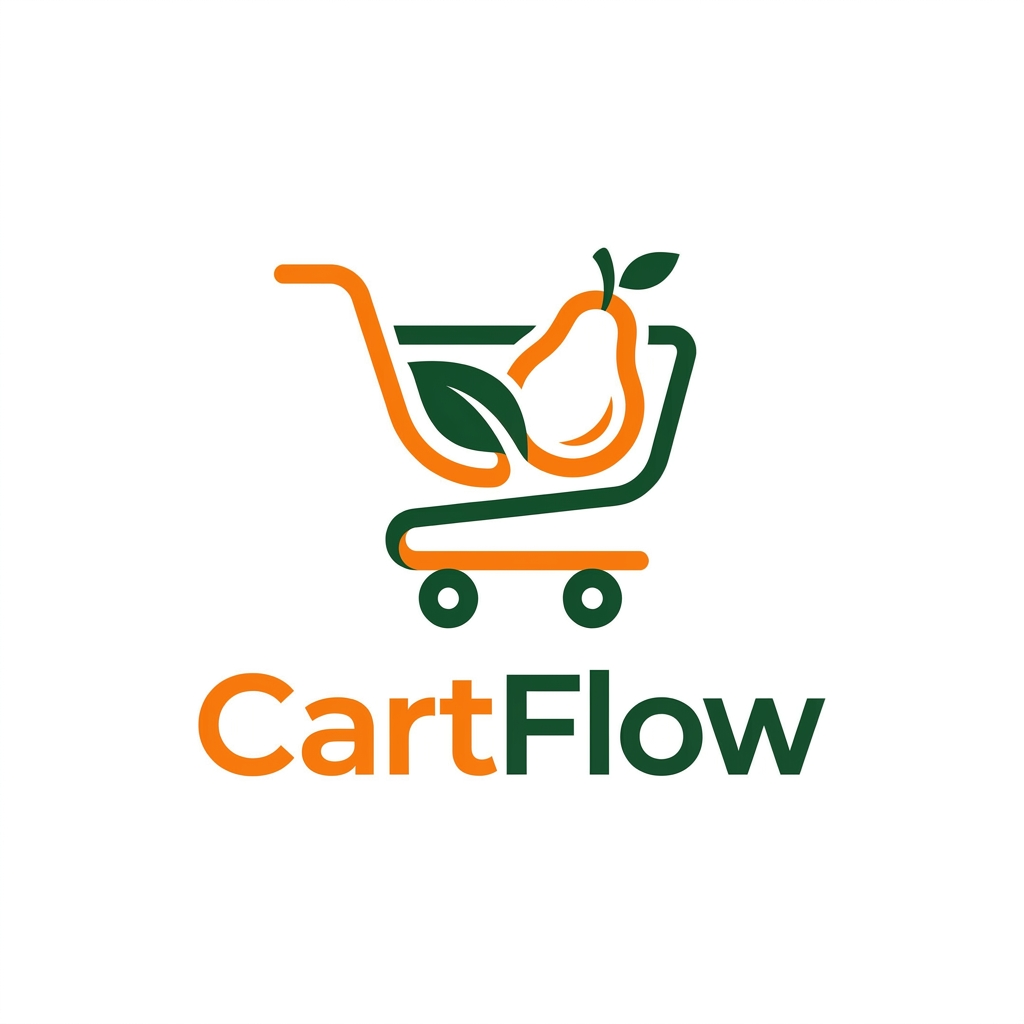 AI Design for A professional and trendy minimalist logo for an online grocery delivery service named CartFlow. The design should feature clean lines and a modern aesthetic, incorporating a stylized shopping cart integrated with a subtle organic leaf or fruit shape to represent freshness. Use a vibrant color palette of energetic orange and deep forest green against a clean white background, rendered in a high-end vector graphic style.