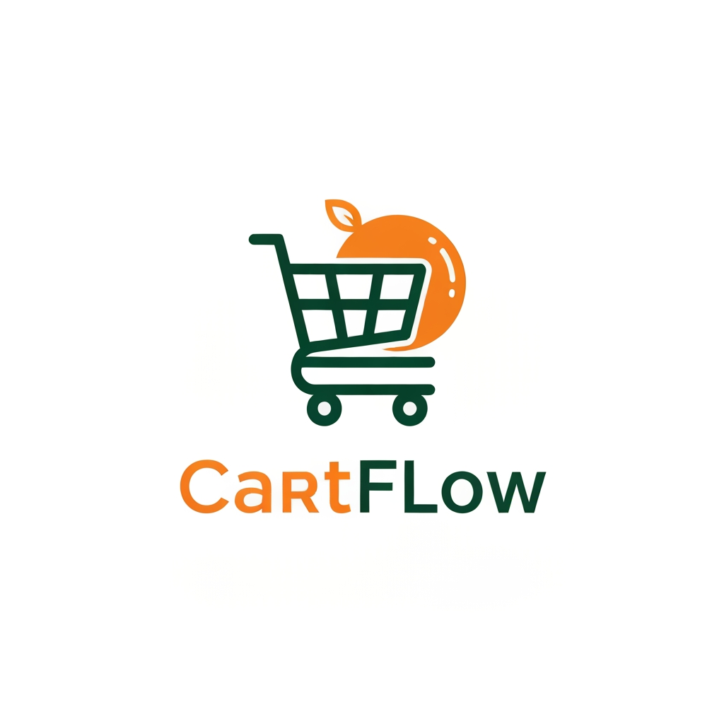 AI Design for A professional and trendy minimalist logo for an online grocery delivery service named CartFlow. The design should feature clean lines and a modern aesthetic, incorporating a stylized shopping cart integrated with a subtle organic leaf or fruit shape to represent freshness. Use a vibrant color palette of energetic orange and deep forest green against a clean white background, rendered in a high-end vector graphic style.