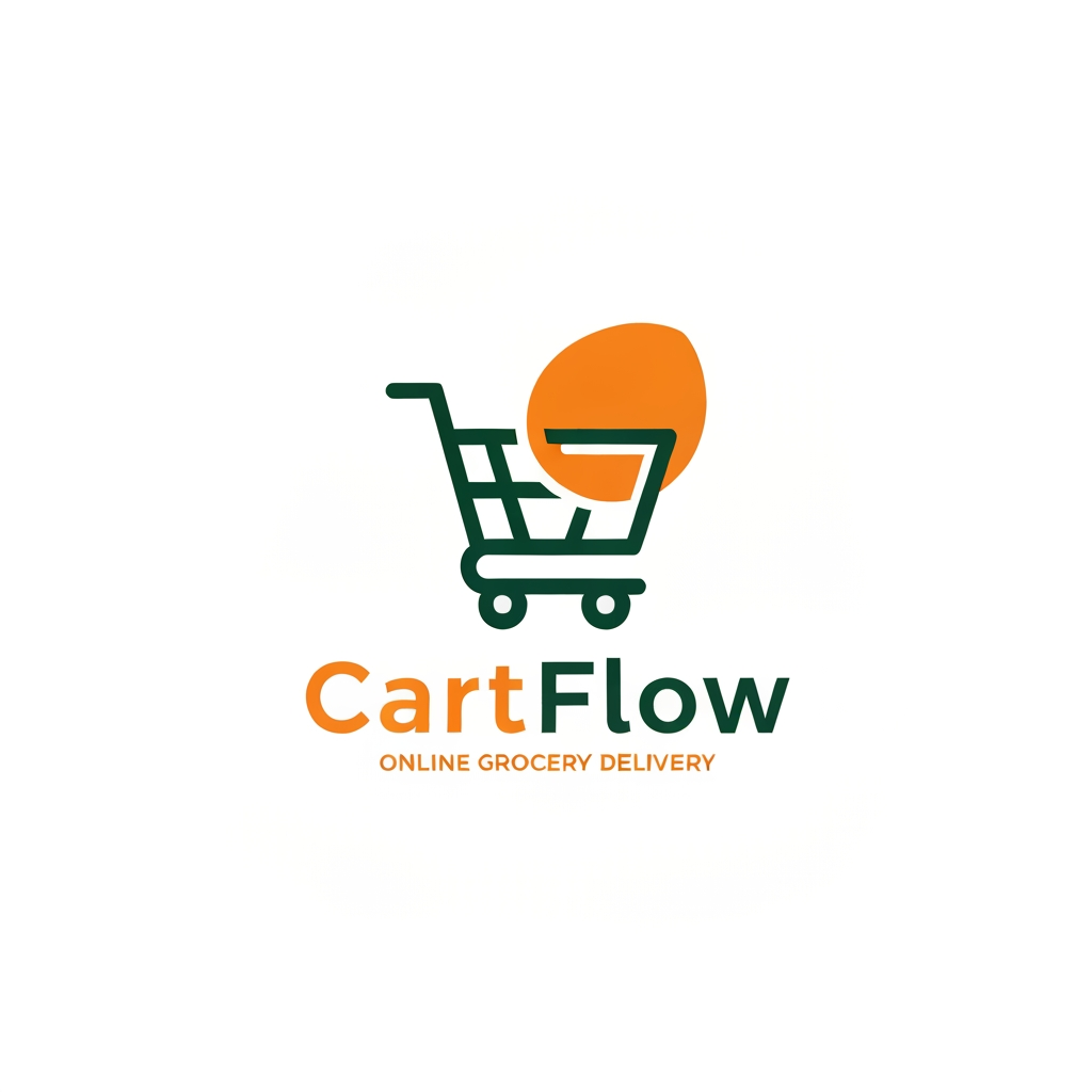 AI Design for A professional and trendy minimalist logo for an online grocery delivery service named CartFlow. The design should feature clean lines and a modern aesthetic, incorporating a stylized shopping cart integrated with a subtle organic leaf or fruit shape to represent freshness. Use a vibrant color palette of energetic orange and deep forest green against a clean white background, rendered in a high-end vector graphic style.