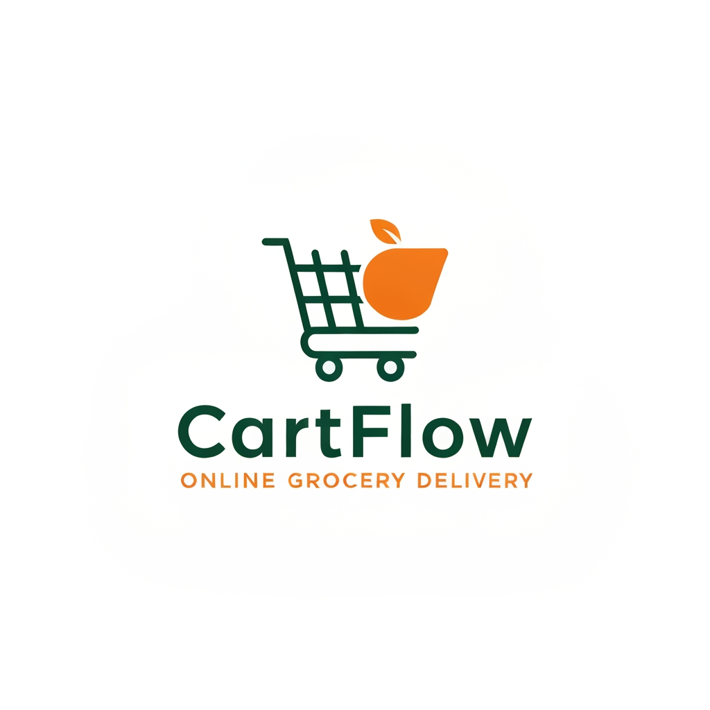 AI Design for A professional and trendy minimalist logo for an online grocery delivery service named CartFlow. The design should feature clean lines and a modern aesthetic, incorporating a stylized shopping cart integrated with a subtle organic leaf or fruit shape to represent freshness. Use a vibrant color palette of energetic orange and deep forest green against a clean white background, rendered in a high-end vector graphic style.