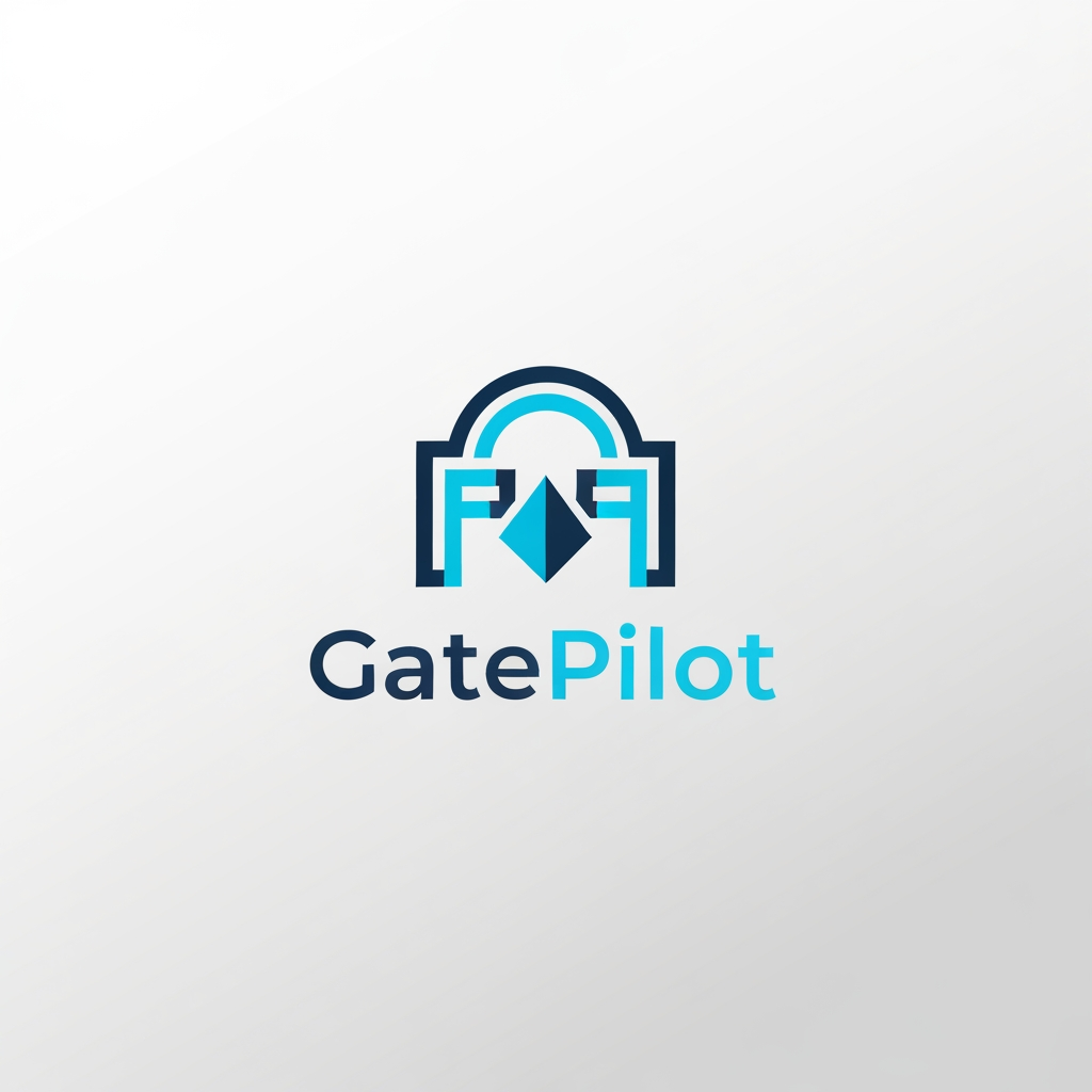 AI Design for A professional, minimalist logo design for a college gate pass system software called GatePilot. The design should feature a clean, geometric icon merging a stylized gate arch with a digital navigation or pilot symbol, using a sophisticated color palette of navy blue and electric cyan. The aesthetic should be modern, high-tech, and trustworthy, presented on a clean white background with subtle vector-style shading.