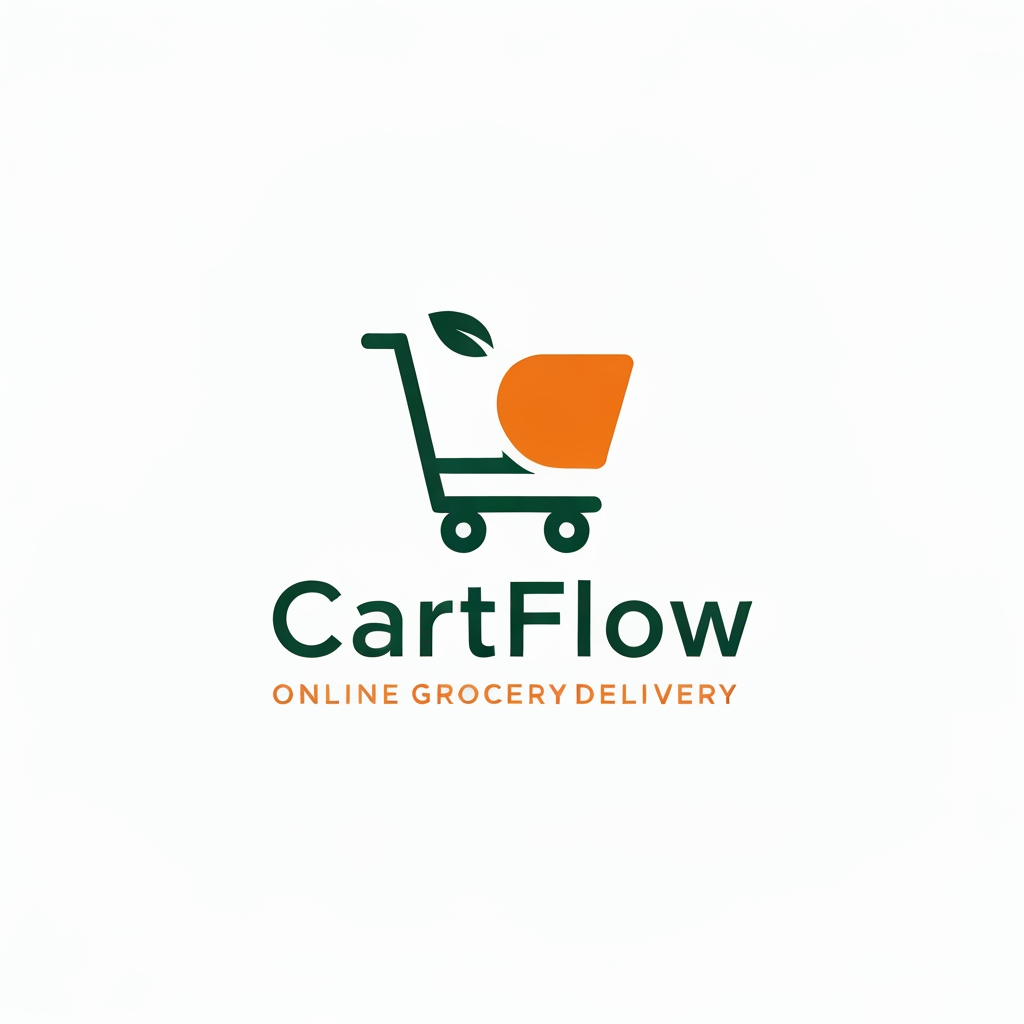 AI Design for A professional and trendy minimalist logo for an online grocery delivery service named CartFlow. The design should feature clean lines and a modern aesthetic, incorporating a stylized shopping cart integrated with a subtle organic leaf or fruit shape to represent freshness. Use a vibrant color palette of energetic orange and deep forest green against a clean white background, rendered in a high-end vector graphic style.