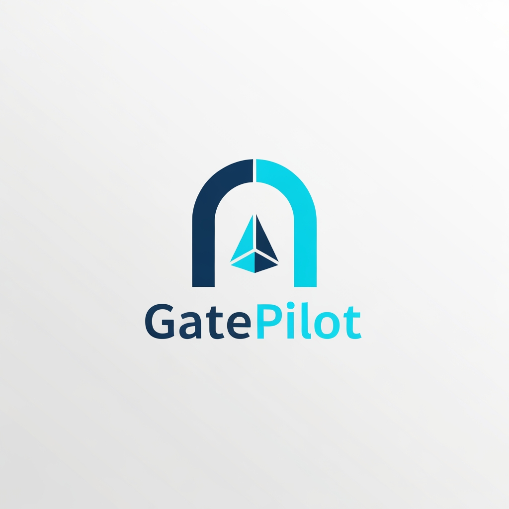 AI Design for A professional, minimalist logo design for a college gate pass system software called GatePilot. The design should feature a clean, geometric icon merging a stylized gate arch with a digital navigation or pilot symbol, using a sophisticated color palette of navy blue and electric cyan. The aesthetic should be modern, high-tech, and trustworthy, presented on a clean white background with subtle vector-style shading.