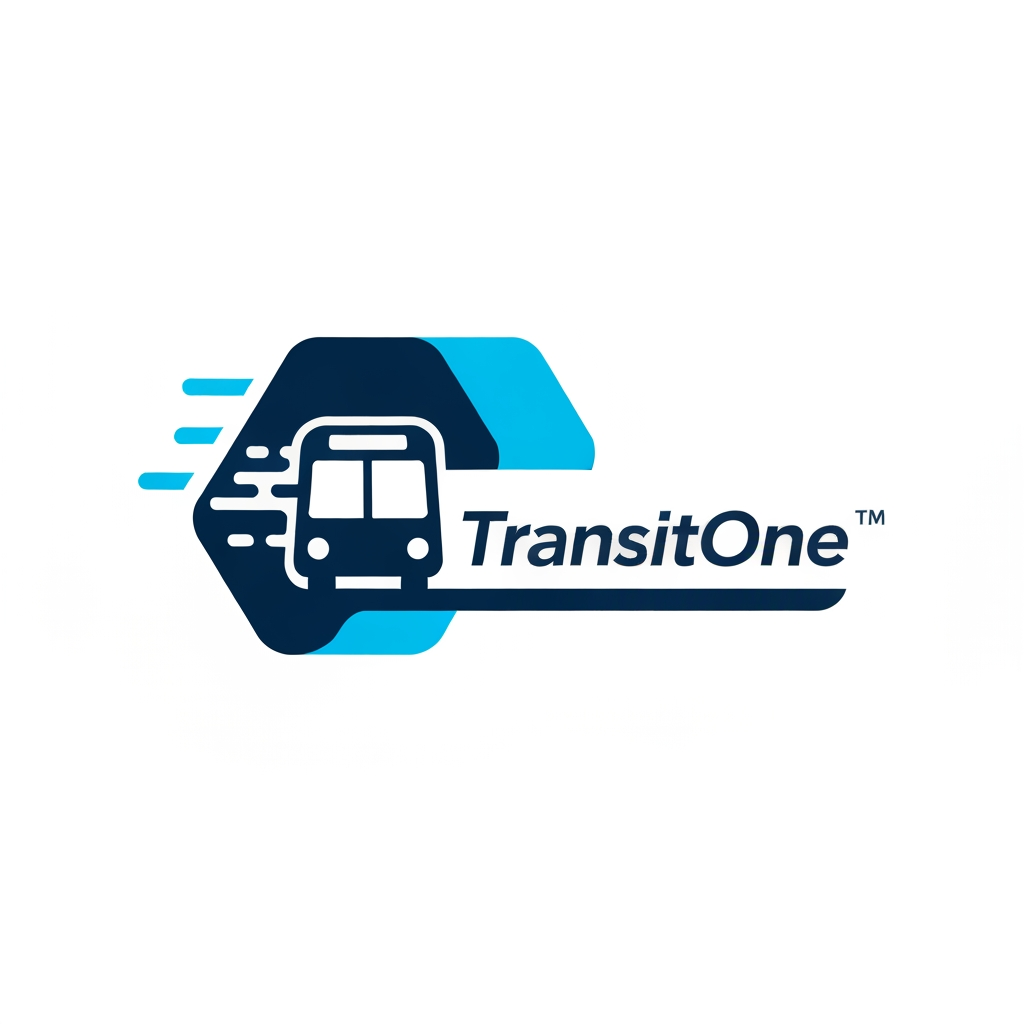 AI Design for A professional and modern logo for a transport management system named TransitOne. The design features sleek, minimalist geometric lines representing movement, global connectivity, and logistics, set against a clean, corporate color palette of navy blue and electric cyan. High-contrast, vector-style composition with a focus on negative space and sophisticated typography. i want like vehicle type of logo